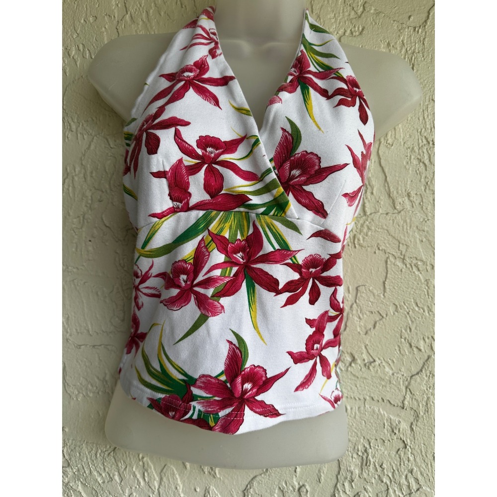 Energie Vtg Y2K Floral Halter Top Red Orchid Tropical Size Medium Botanical